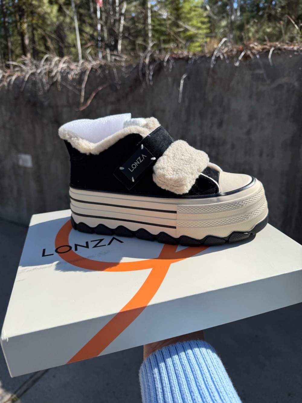 Lonza Black Platform Sneaker with Cream Shearling Straps